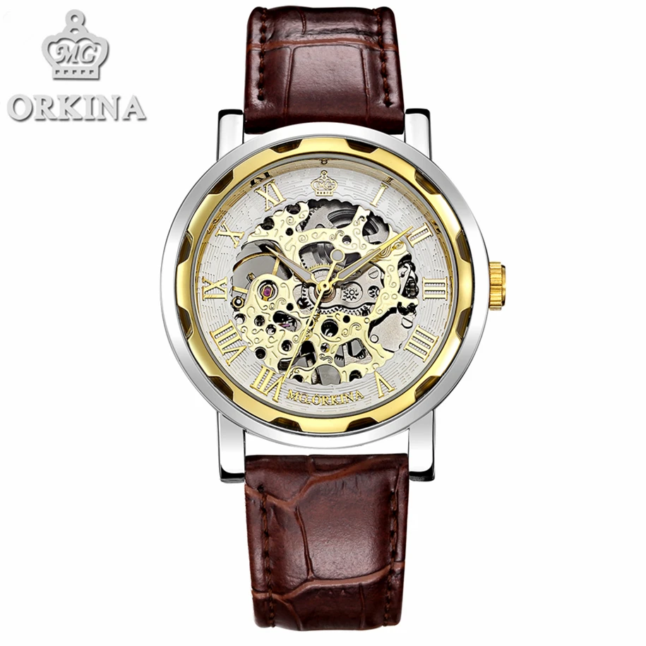 Мужские наручные часы с кожаным ремешком роскошные золотые механические в стиле