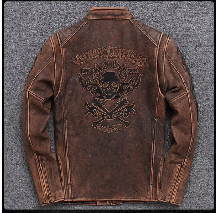 Винтаж красные, коричневые для мужчин Американский мотоцикл кожаная куртка плюс размеры XXXXXL из натуральной толстой воловьей кожи Байкер пальт
