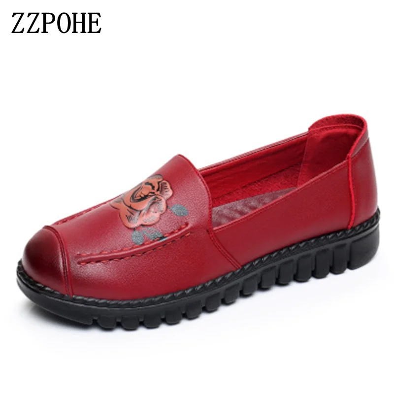 

ZZPOHE Shoes Woman 2018 Genuine Leather Women Flats Shoes Mother Slip on casual Comfortable Autumn Shoes Female Work shoes