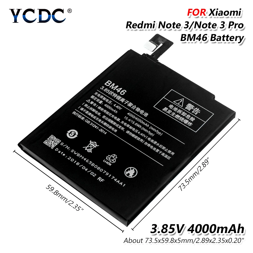 

BM46 4000mAh Phone Lithium Battery 73.5x59.8x5mm With Connector For Xiaomi Redmi Note 3/Note 3 Pro Rechargeable Batteries