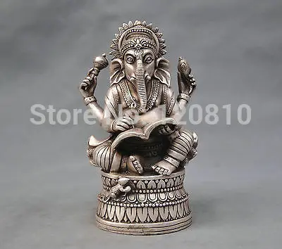 

zhmeru007@++7'' China Silver Bronze Buddhism Elephant Ganesha God of Wealth Statue