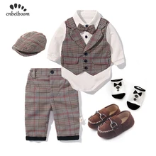 Комплект одежды для малышей, одежда для мальчиков Комплекты из 5 предметов клетчатые хлопковые Ползунки-костюмы, штаны, обувь, шапка, носки Одежда для новорожденных мальчиков платья для джентльменов