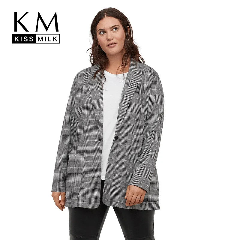 

Kissmilk Office Professional Uniform Style Simple Solid Color Temperament Retro Plaid Large Size Slim Lapels One Button Blazer