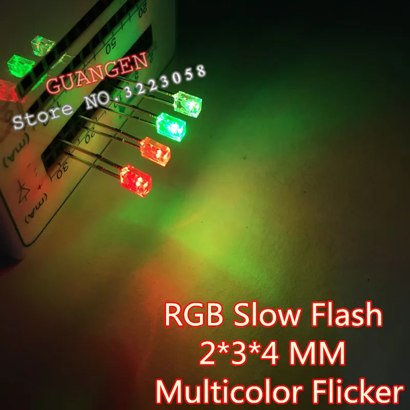 

1000pcs 2*3*4 Water Clear RGB Slow Flash Square Light Emitting Diode 2x3x4 mm LED Blinking Multicolor Flicker Ultra bright Diode