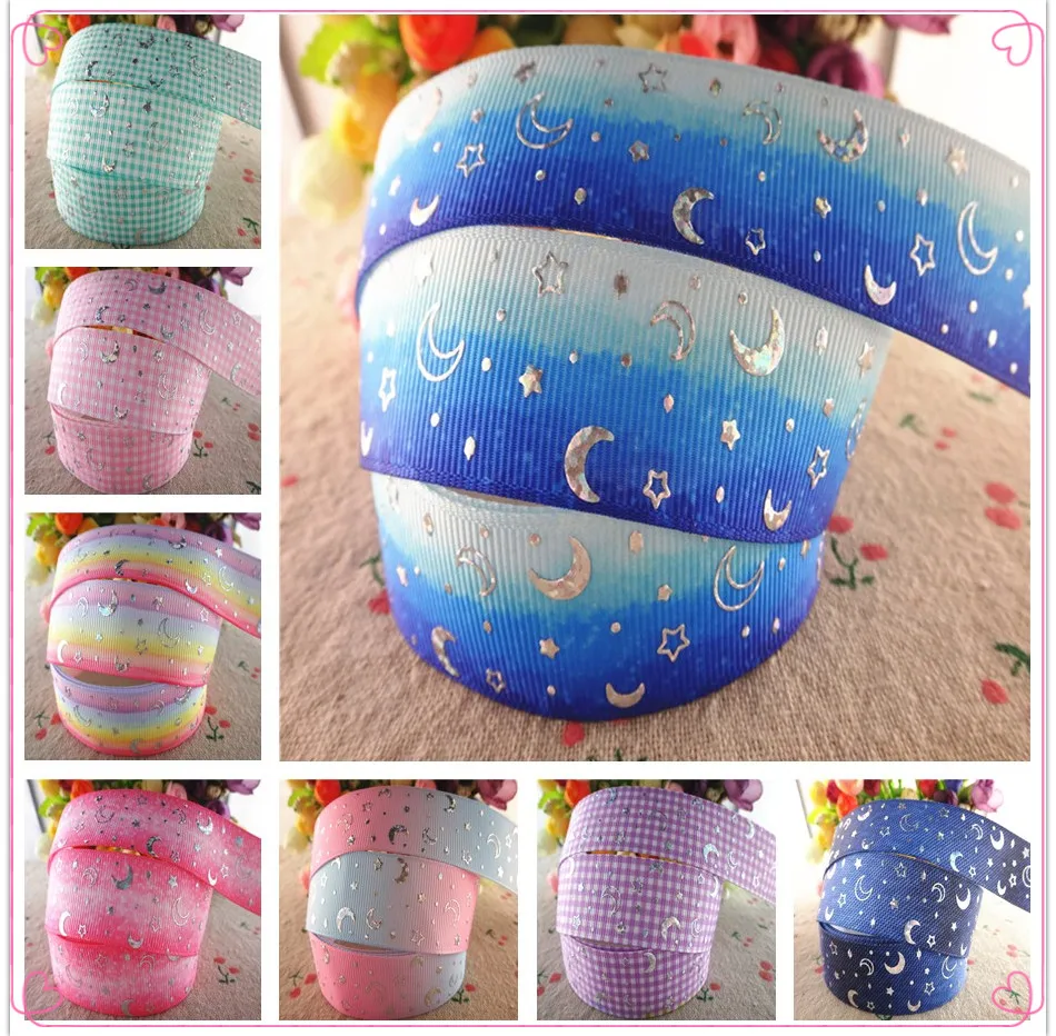 

1" 25mm 5 Yards Grosgrain Ribbons Glitter Laser Silver Foil Star Moon Printed Gift Packaging DIY Handmade Materials 18062603