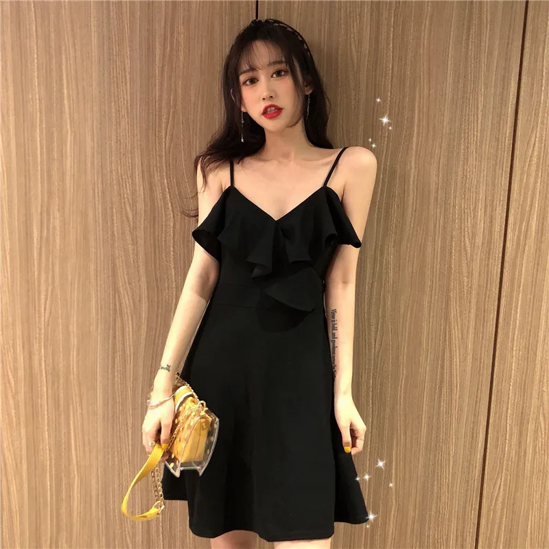 spaghetti strap summer Women's Clothing dresses sexy v-neck ruffles black short dresses woman off shoulder fashion brand new