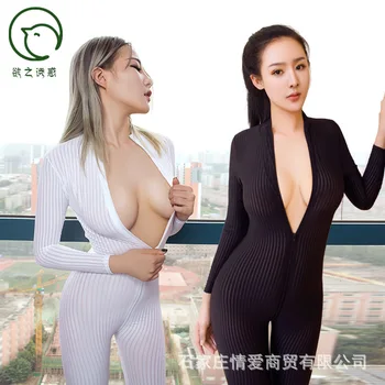 

ZOGAA 2019 New Women's Jumpsuits Dame Black/White Striped Sheer Sexy Bodysuit Smooth Fiber 2 Zipper Long Sleeve Jumpsuit