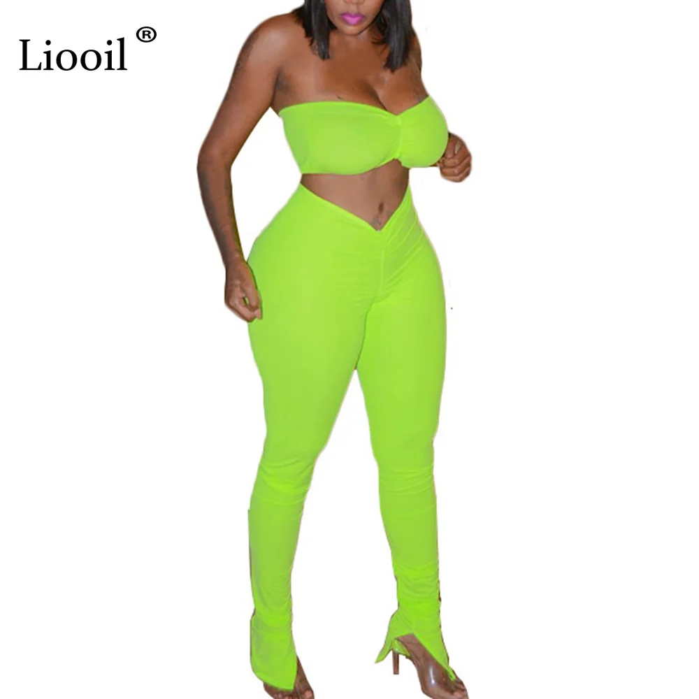 Liooil неоновый зеленый без бретелек два набор колготок комплект для женщин; Соблазнительные летние Клубные наряды облегающий вечерние одинаковые комплекты для бега Femme