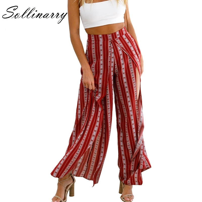 Sollinarry Bohemian Striped Women Wide Leg Pants Casual High Waist Beach Boho Female Trousers 2019 Summer Sexy Split Long Pants Sollinarry Bohemian Striped Women Wide Leg Pants Casual High Waist Beach Boho Female Trousers 2019 Summer Sexy Split Long Pants