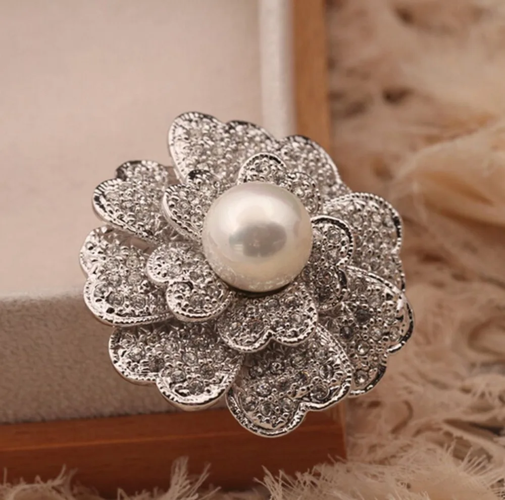 

1.8" Elegant Rose Flower Bridesmaid Brooch with Pearl & Rhinestone Crystals Vintage Silver Plating