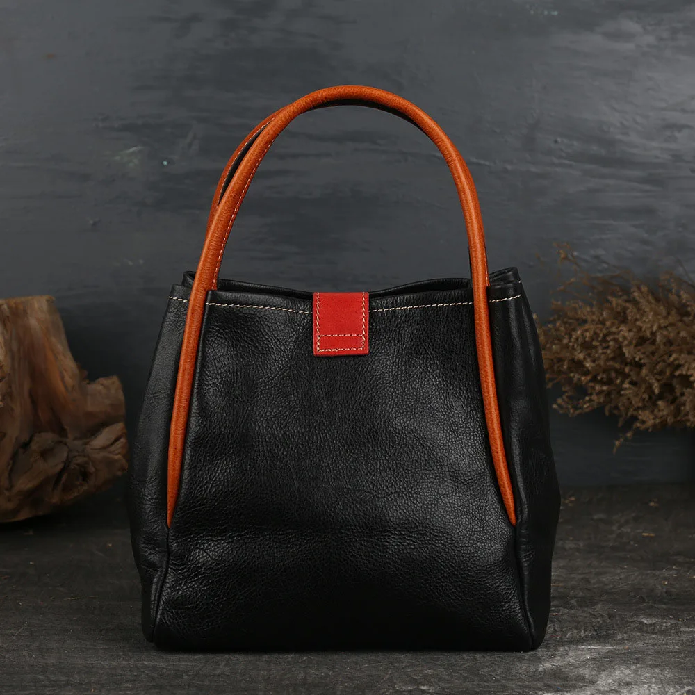 Оригинальная женская сумка из натуральной кожи, винтажная женская сумка в ретро стиле, женская сумка-тоут, женская кожаная сумка на плечо - Цвет: black