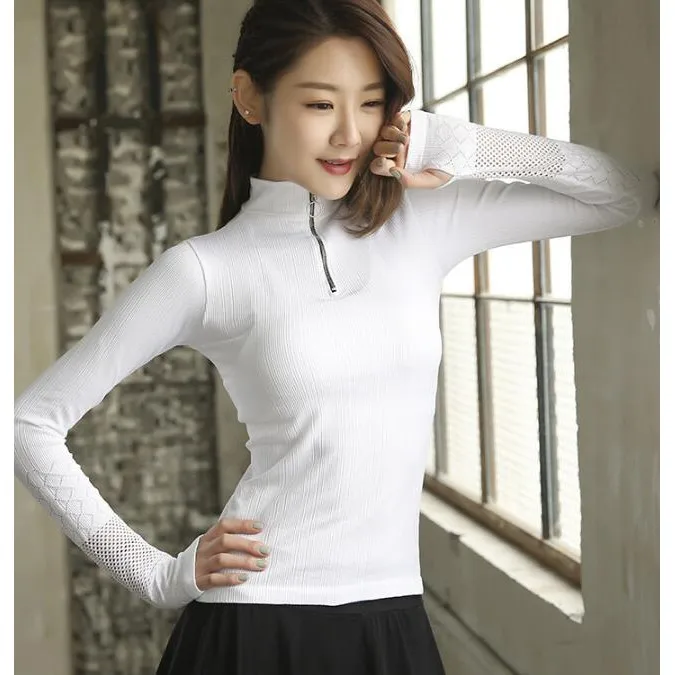 

women Sexy mesh stretch sport T-shirt elastic zip running top fitness wear