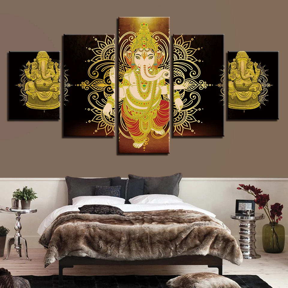 Canvas Pictures Art HD Printing 5 Pieces Gold Buddha Meditation Sunshine Scenery Paintings Poster Modular Living Room Wall Decor