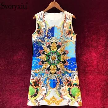 

Svoryxiu Runway Custom Summer Tank Mini Dress Women's Vintage Printed Crystal Diamond luxury Party A Line Short Dresses Vestdios