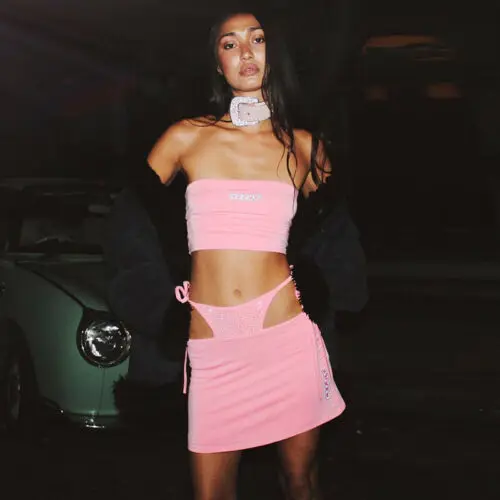 2019 تصميم جديد مثير النساء مجموعات أكمام حمالة العصابة المحاصيل أعلى + مصغرة تنورة تتسابق بذلة نسائية مجموعة Sml