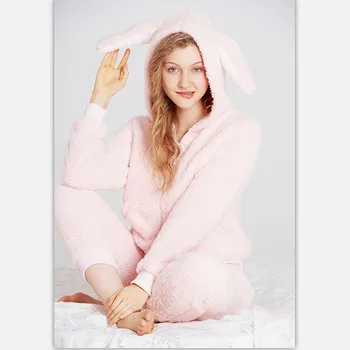 

2019 New arrival sweet women pyjama sets pink color with white cute rabbit ears fashion pijamas cotton material for ladies