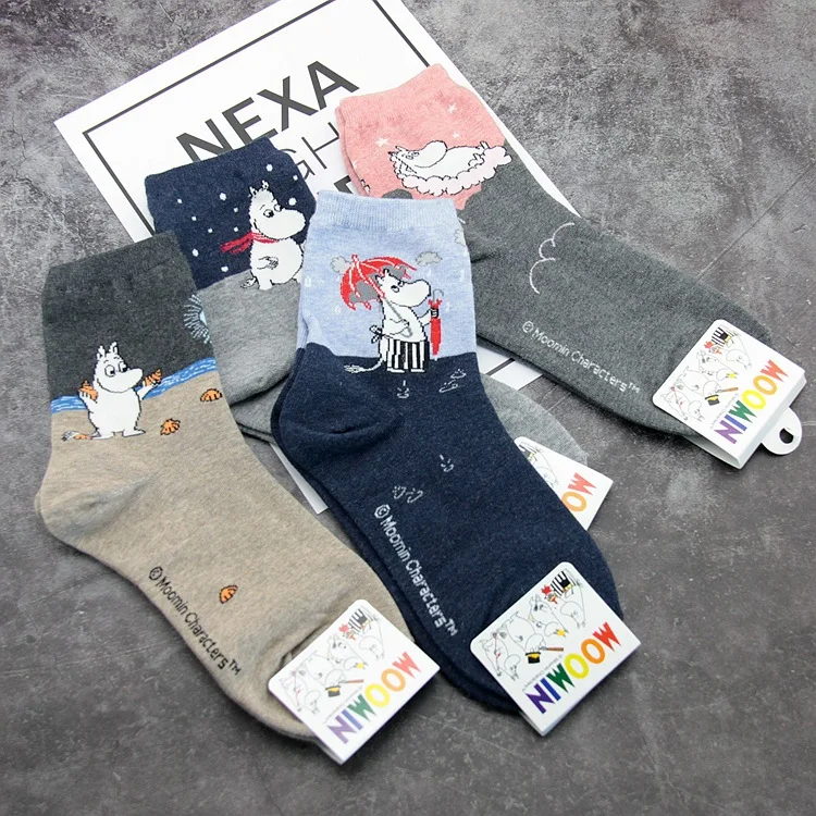 

2019 Spring Summer Warm Charming Moomin Middle Socks Character Foot Cover 4pairs/lot 100% Cotton Jacquard Thread Popsocket