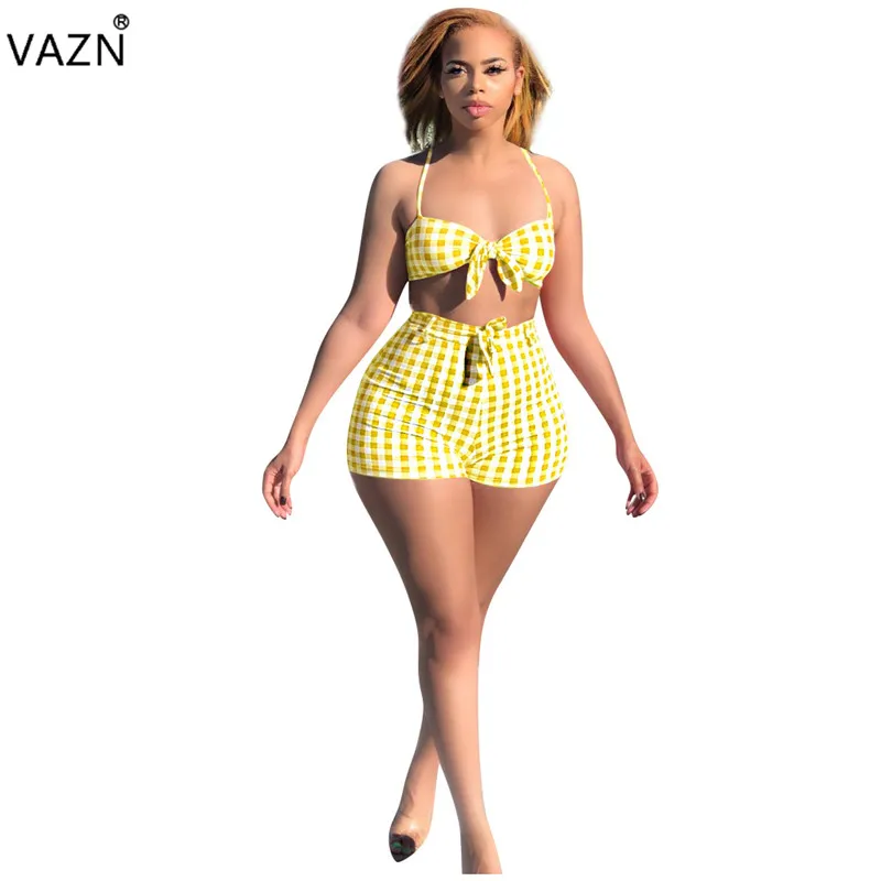 

VAZN 2019 Age Redution Sexy Design 2 Piece Women Set Bikini Tops Striped Short Pants Women Swimwears Bodycon Beach Set QM3790