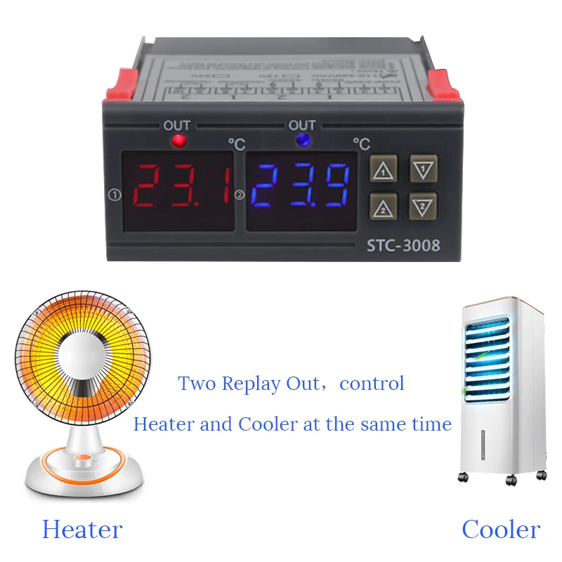 Двойной цифровой термостат, двойной регулятор температуры для инкубатора, релейный светодиодный STC-3008 охлаждения 10 А, 12 В, 24 В, 220 В