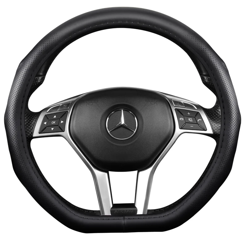 

KKYSYELVA Stering-wheel Black leather car steering wheel cover 38cm Wheel Cover Steering wheel covers Interior Accessories
