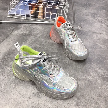 

2019 fashion reflective laser jelly bottom casual shoes female thick bottom muffin bottom breathable mesh single shoes female