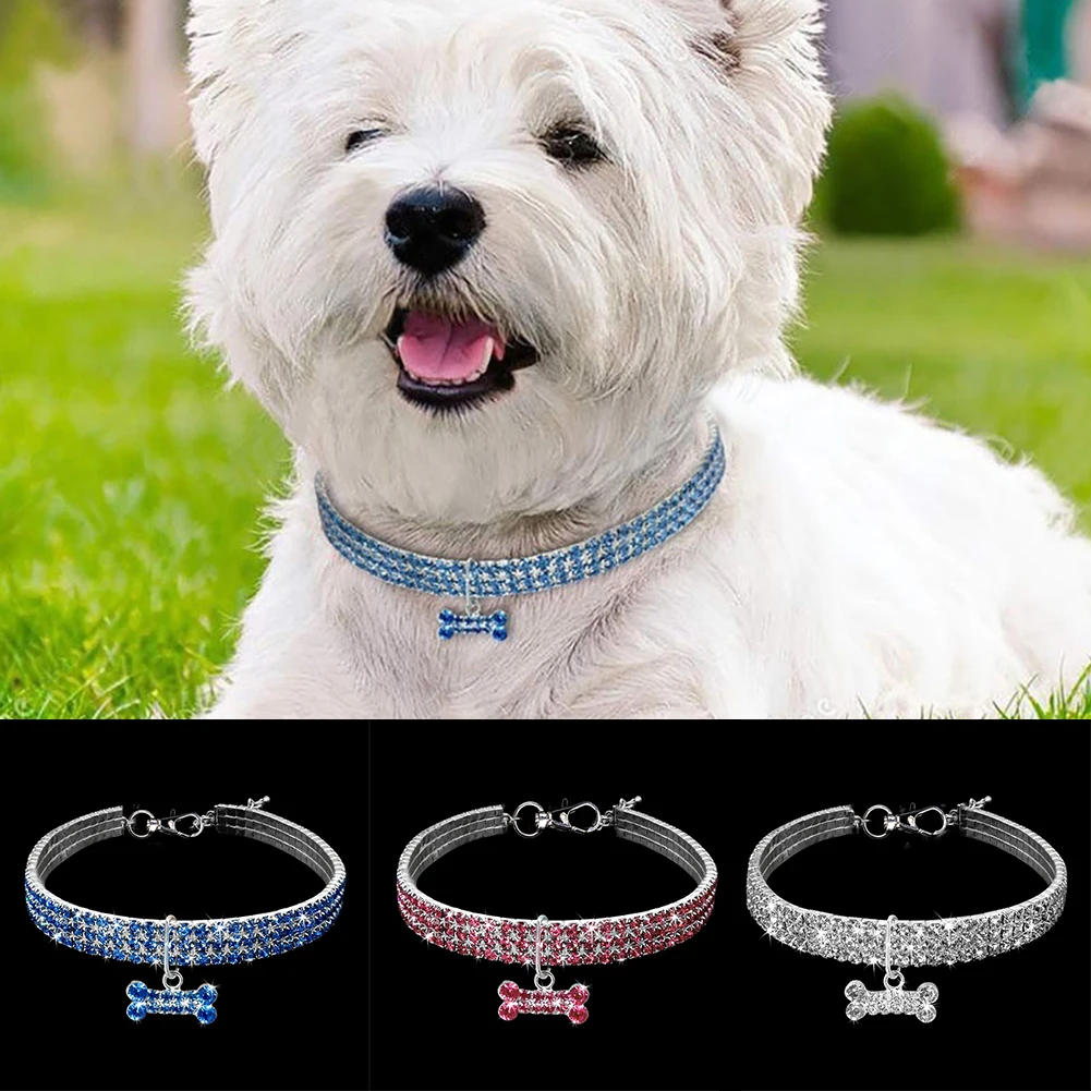 

1Pc Dog Collar Shiny Multi Rows Rhinestones Bone Collars Adjustable For Medium Large Dogs Pet Necklace Pendant Pet Supply