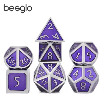 

Metal Dice with Black Drawstring Pouch for DnD RPG MTG Games 7pcs/set D4 D6 D8 D10 D% D12 D20 Silver&Purple