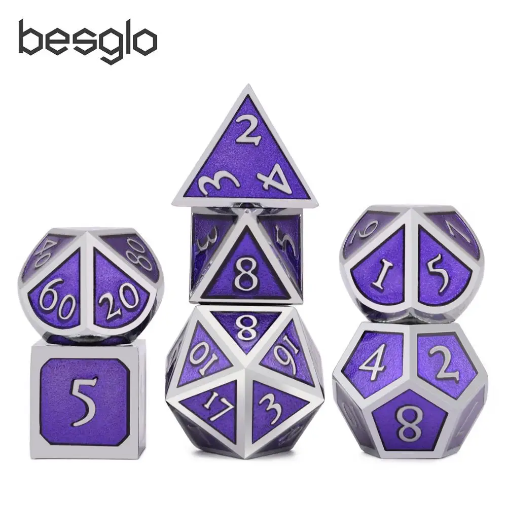 Cena Metalowe kości z czarnym etui ze sznurka do DnD RPG MTG gry 7 sztuk zestaw D4 D6 D8 D10 D % D12 D20 srebrny i fioletowy