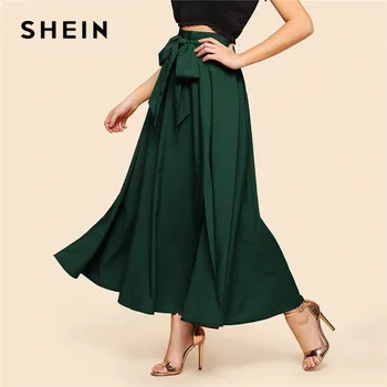 

SHEIN Green Elegant Bow Knot Front Flare Maxi Skirt 2019 Spring Women High Waist Plain Vintage Full Length Party Skirt
