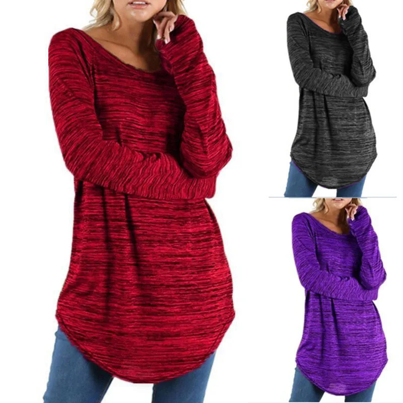 

2019 New Fashion Women Lady T-shirt Tee Top Long Sleeve Round Collar Solid Color Loose for Autumn Chemise Femme