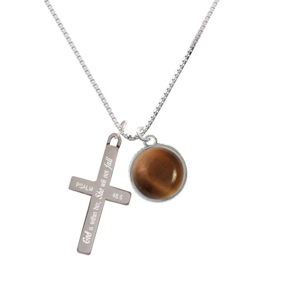 Round - Imitation Cat's Eye - Brown - - She will not Fall - Cross Necklace