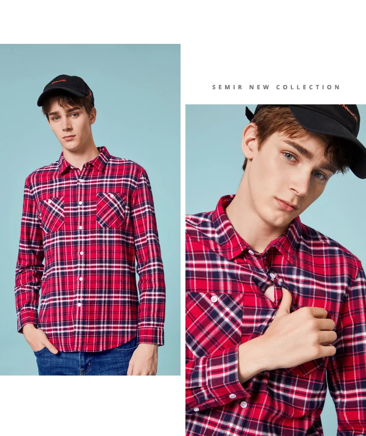 SEMIR Для мужчин 100% хлопок Regular Fit Flannel Tartan Shirt с отложной воротник с длинными рукавами рубашка с Taperd талии кнопки на манжете