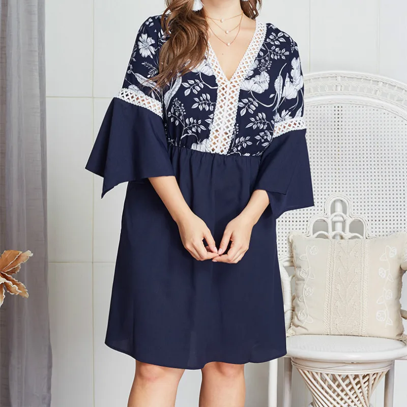 

Oversized Flare Sleeve V-Neck Dress Women Autumn Summer Printed Holloe Out Dress Robe Vintage Female Mujer Plus Size 4XL A039