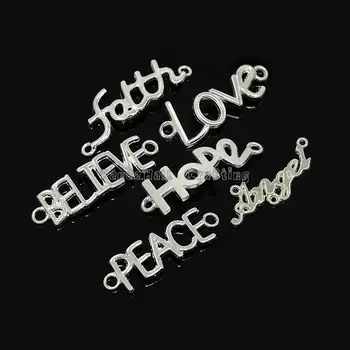 

Sets of Word Connectors Silver Color Alloy Links, 1/1 Loop, Faith, Believe, Love, Hope, Peace, Angel Links, 35~43x13~17x2mm