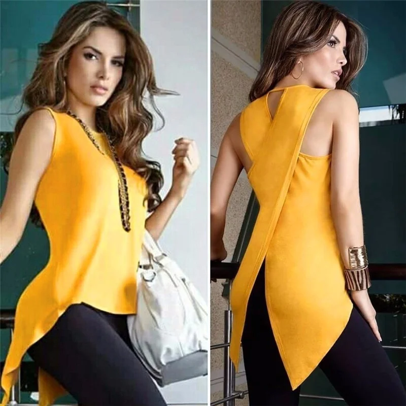 

Round Neck Slim Fit Irregular Patchwork Blouse Vest Women Sexy Sleeveless Solid Color Tank Tops Plus Size Chiffon Shirt Blusa