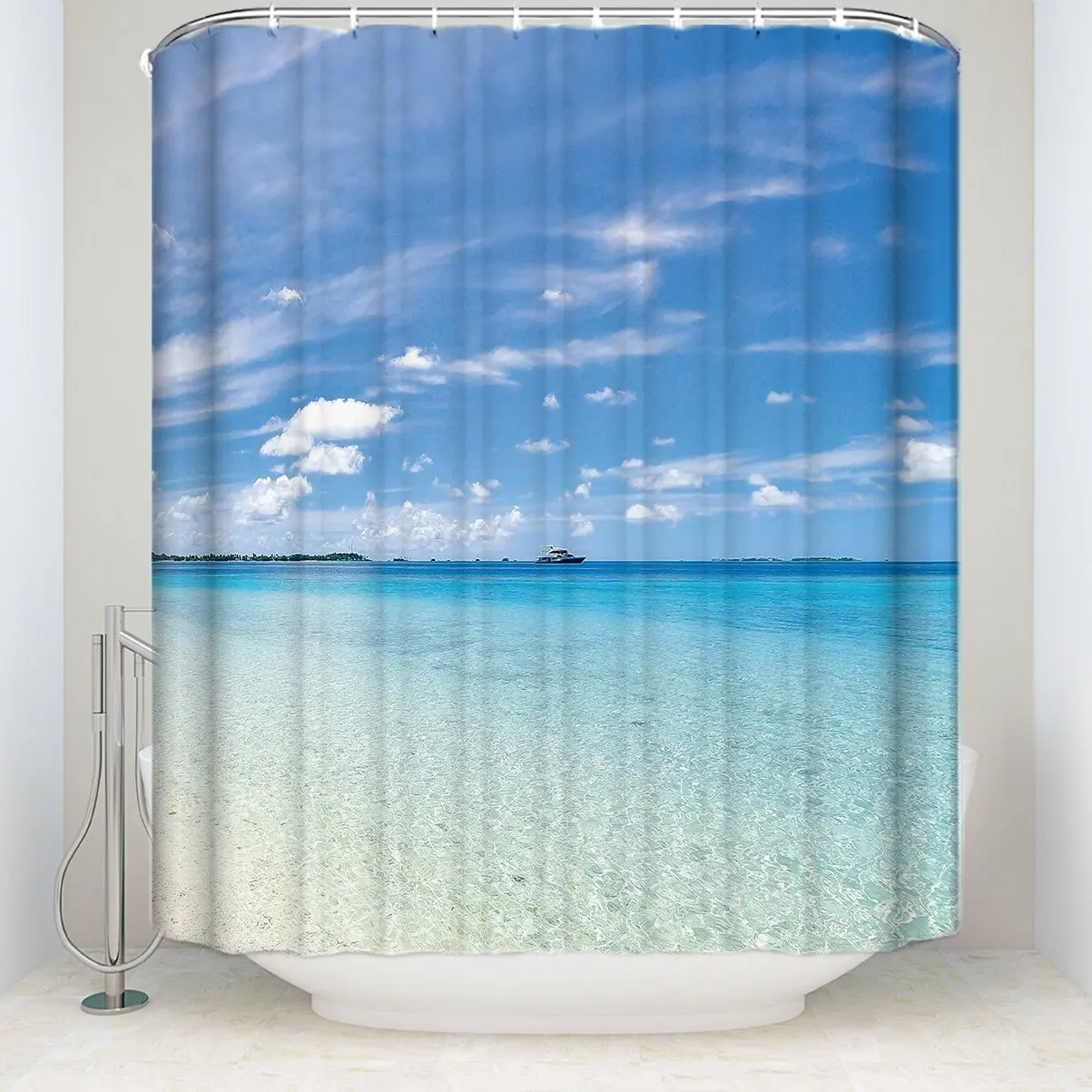 Shower Curtain Seaside Vacation Blue Sky White Clouds Sea Beach Pattern