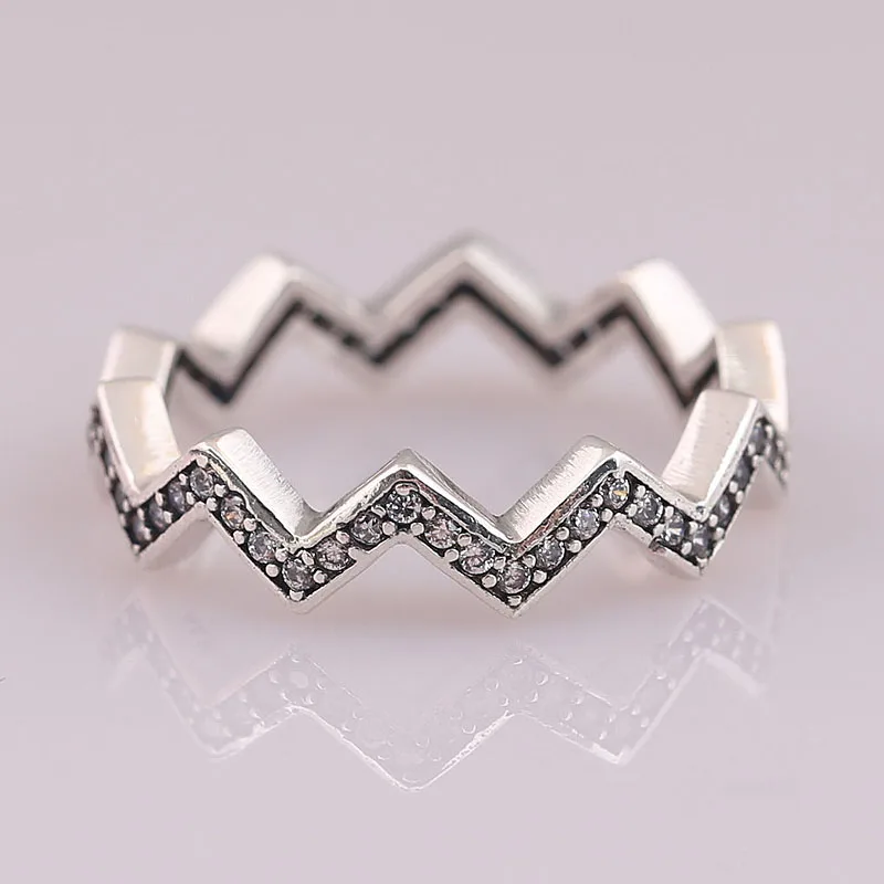 

Authentic 925 Sterling Silver Ring Shimmering Zig Zag With Crystal Rings For Women Wedding Party Gift Fine Europe Jewelry