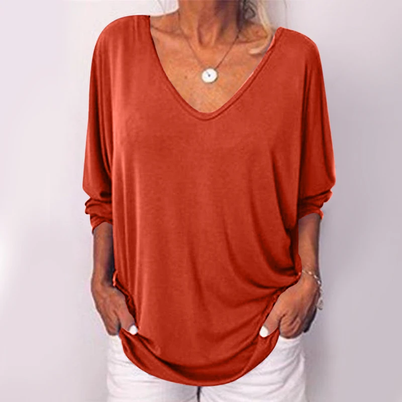 

2019 Summer Womens Casual Sexy V Neck Back Button Solid Tops Office Office Ladies Summer Loose 3/4 Sleeve Tee Plus Size S-5XL