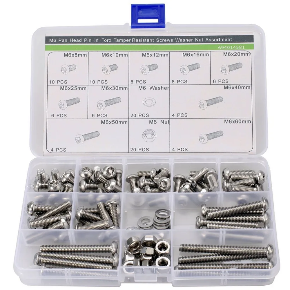 

106pc M6 Pan Head Pin Torx Security Screws M6 Plain Washer M6 Hex Nut Assortment,Stainless Steel kit