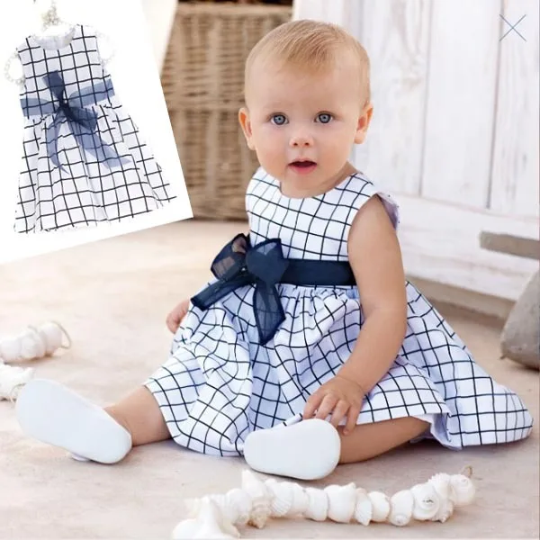 

Baby Dress Toddler Girl Kids Cotton One Piece Outfit Clothes Top Bow-knot Plaids Dress 0-3 Years
