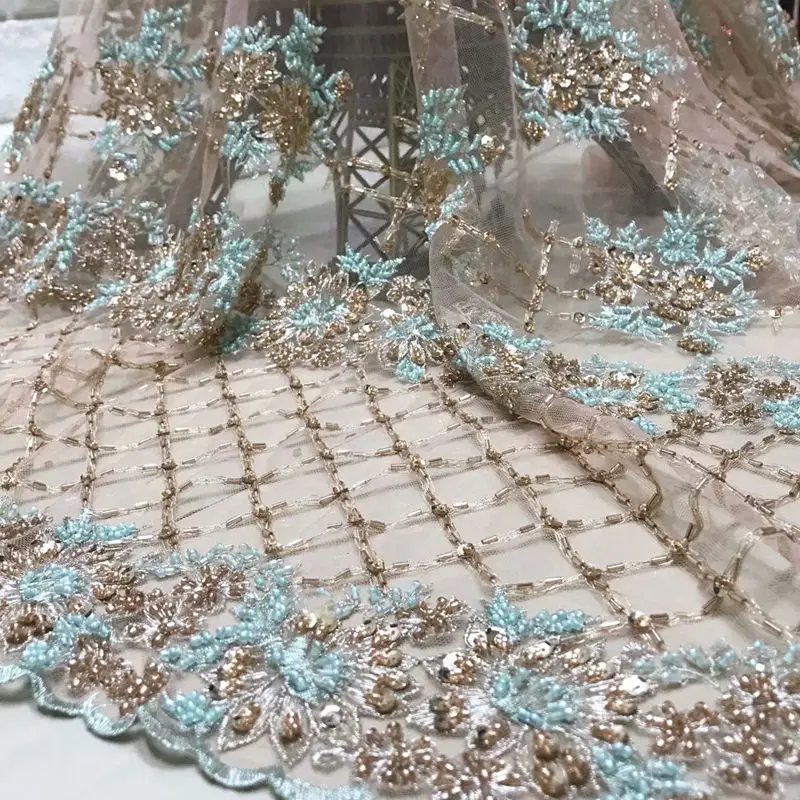 

Handmade french lace with beading sequins African tulle lace fabric very good Beyond your imagination 5 yards per piece RG936