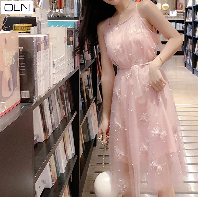 Платье корейское vestidos летнее Новое поступление OLN сетка вышитый бисером без рукавов платье на бретельках Талия Бандажное женское платье трапециевидной формы