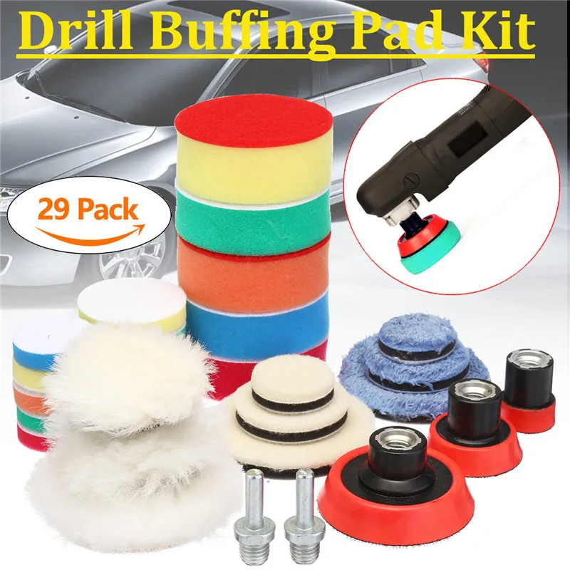 

29Pcs/Set 1/2/3 Inch Drill Buffing Buffer Pad Polishing Pad Mix Size Kit + M14 Backing Pad Adapter Power Tools Polishing Pads