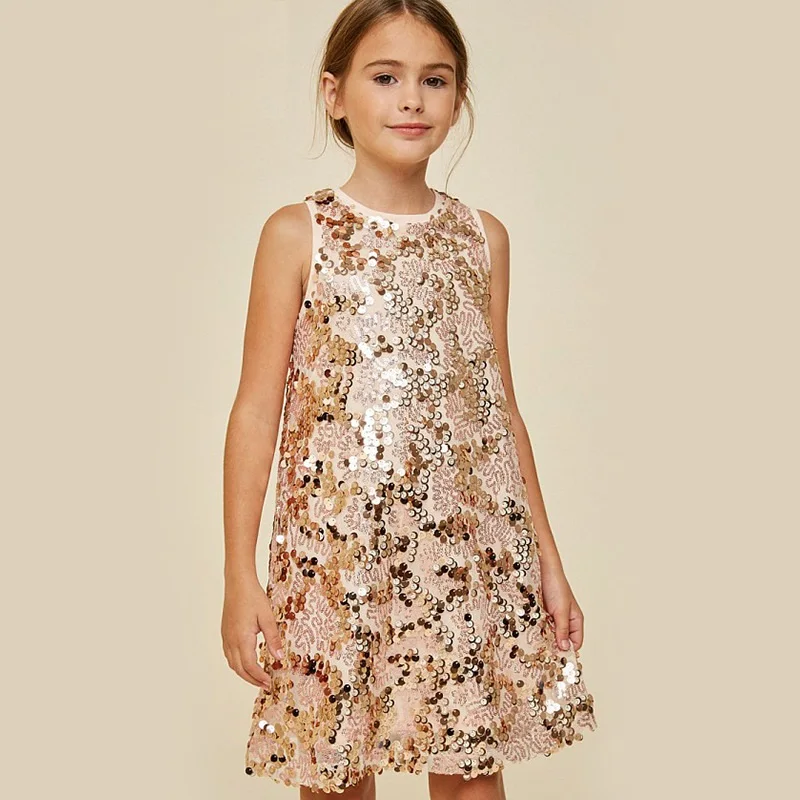 Fashion Girls Party Sundress Kids Pink Sequined Dresses Summer Children