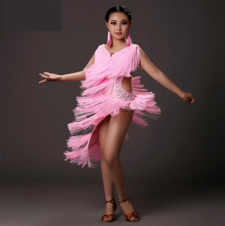 Желтое платье для латинских танцев с блестками и кисточками розовое современное танцевальное платье для девочек танцевальный конкурс Сальса платье для румбы платье для латинских танцев
