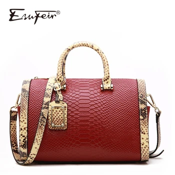 

2018 ESUFEIR Genuine Leather Boston Bag Handbag For Women Serpentine Embossed Shoulder Bag Casual Tote Large Capacity Pillow Bag