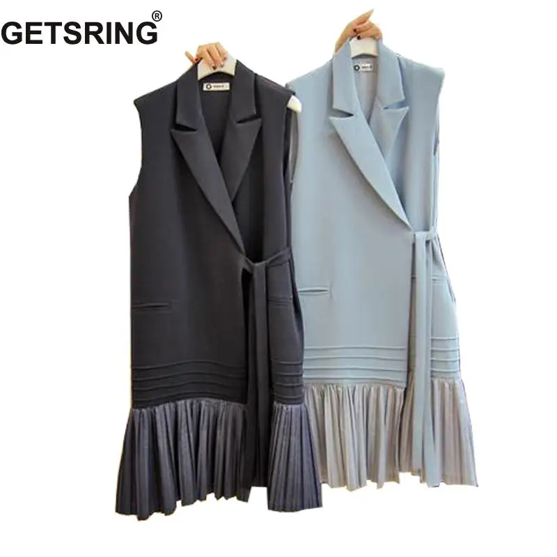 

GETSRING Women Vest Vintage Womens Vests Gilet Lace Pleated Long Sleeveless Vest Lady Stitching Outerwear 2019 Spring Top Gilet