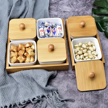 

Japanese Creative Rectangle Ceramic Bamboo Dry Fruit Dessert Box Dish Multi Grid Plate Candy Dried Snack Foods Dessert Tea Tray