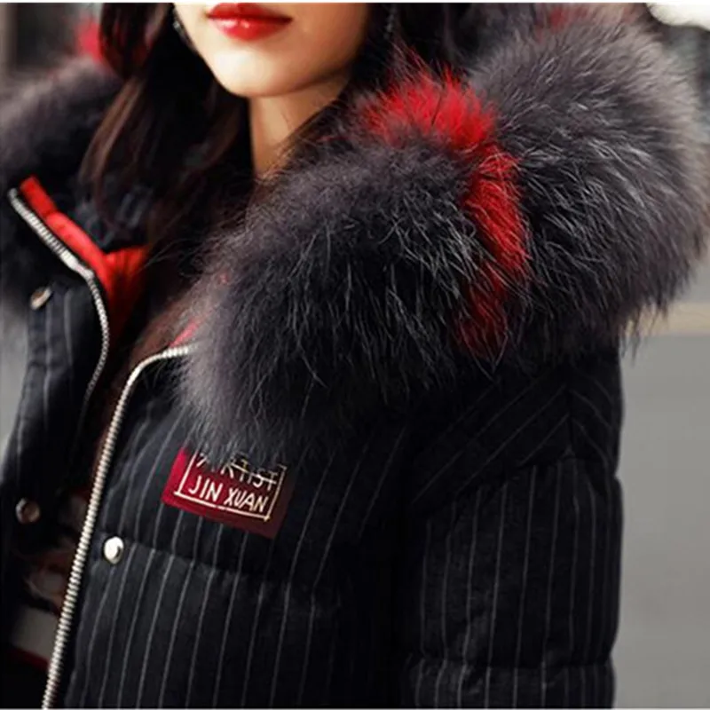 Зимние парки, Женская Полосатая хлопковая куртка, плюс размер, 5XL, утолщенное теплое хлопковое пальто, женские цветные куртки с большим меховым воротником и капюшоном
