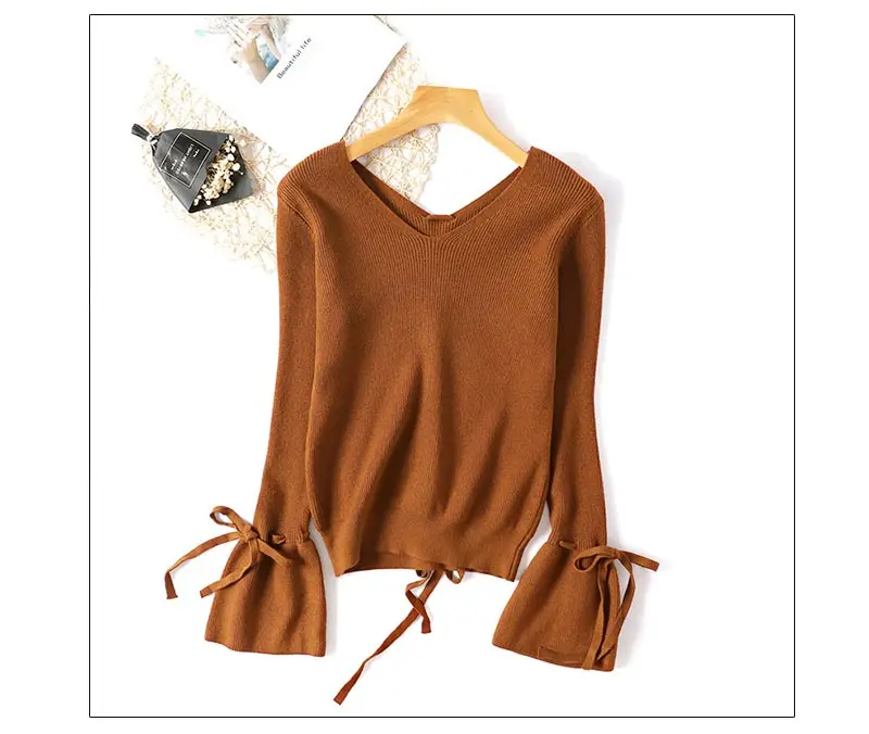 V Neck Sweater Women Knitted Pullover Winter 2018 Lace-up Top Casual Woman Flare Long Sleeve Ladies Sweaters and Pullovers Solid (4)